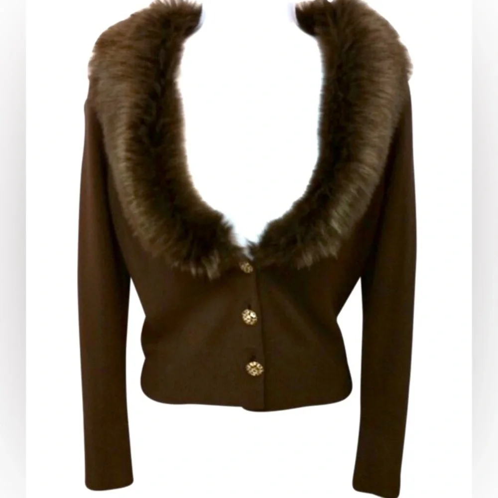 Ann Taylor LOFT Cardigan w/ Faux Fur Collar & stone embellished buttons - Picture 6 of 7